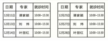 徐州市三院名醫(yī)館譚家穎、劉煒、葉麗紅12月份坐診安排